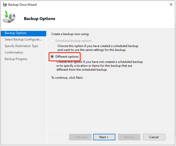 choose Different options in the Backup Options section