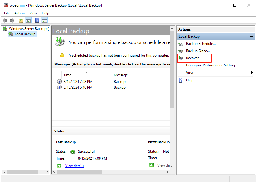choose Recover under the Local Backup section
