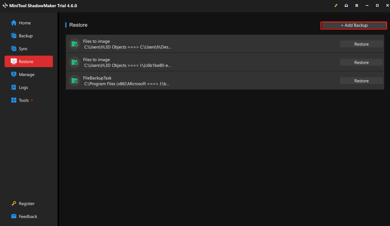 click on Add Backup to browse your Server backup images