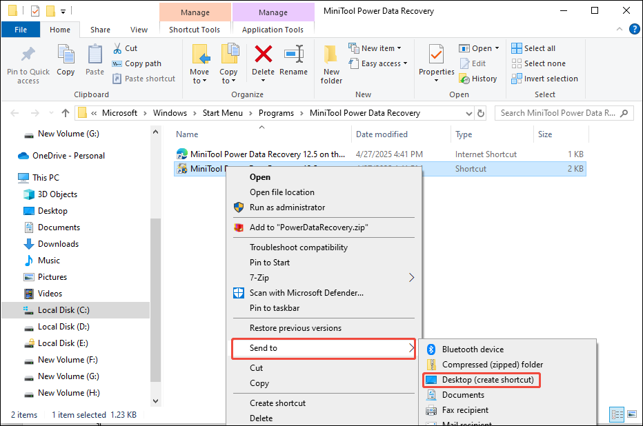 select Send to and Desktop