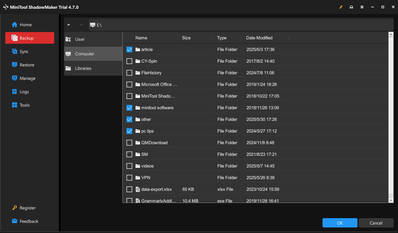 choose backup source in MiniTool ShadowMaker