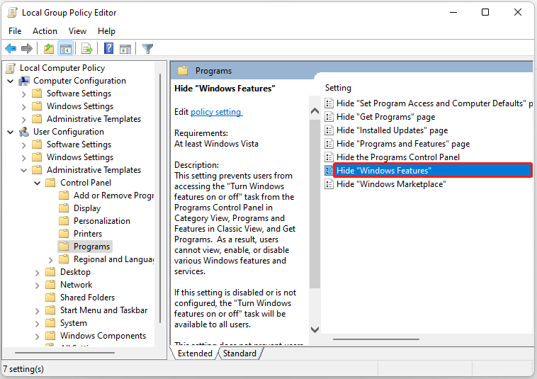 Desactivar la opción "Ocultar características de Windows".