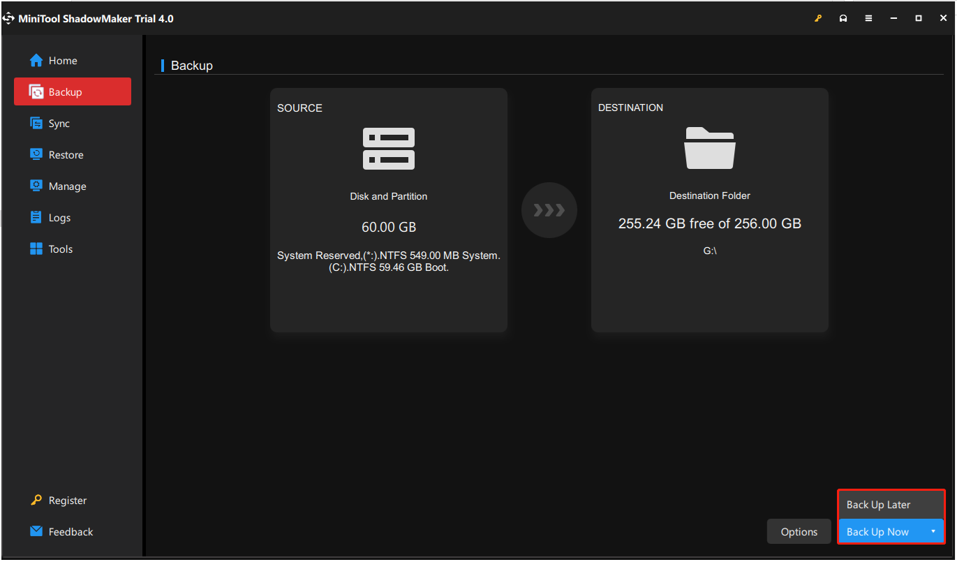 Hacer clic en "Hacer copia de seguridad ahora" o "Hacer copia de seguridad más tarde".