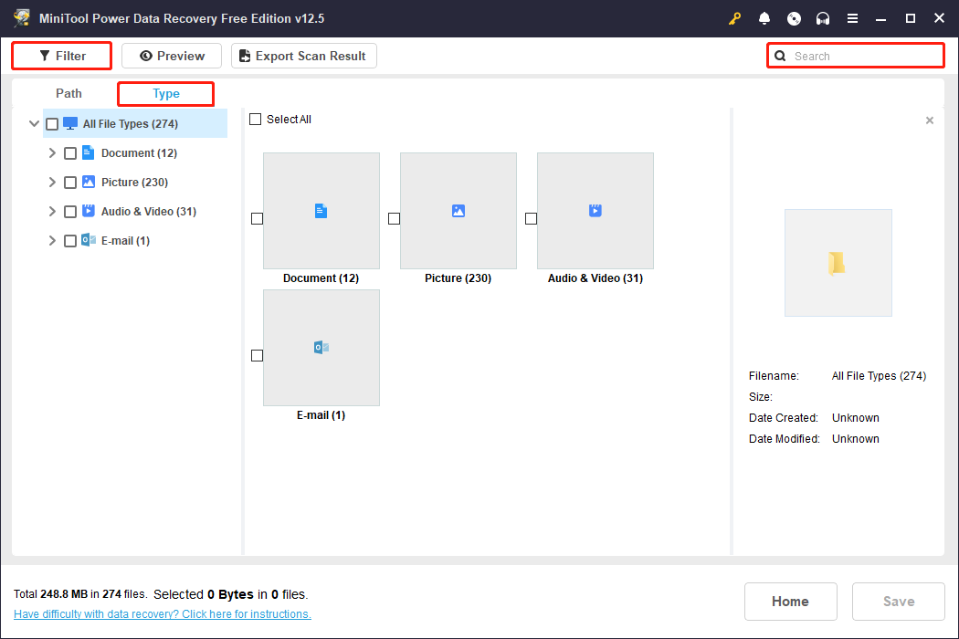 use features to find the target file in MiniTool Power Data Recovery