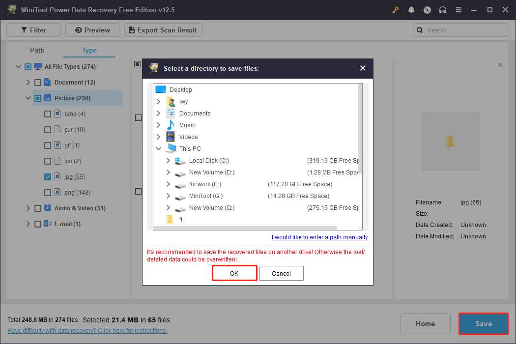 save the file to a new destination using MiniTool Power Data Recovery