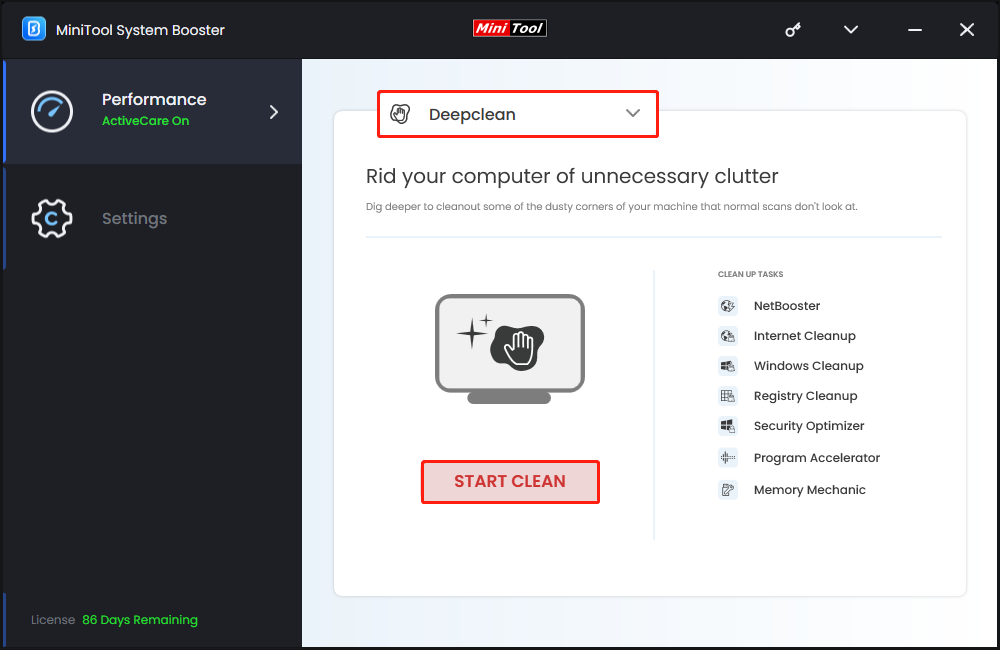click the START CLEAN button