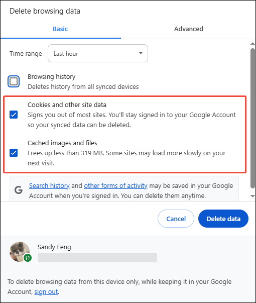 click the Delete data button