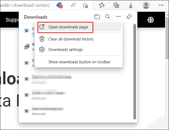 Clique em Abrir página de downloads no Edge
