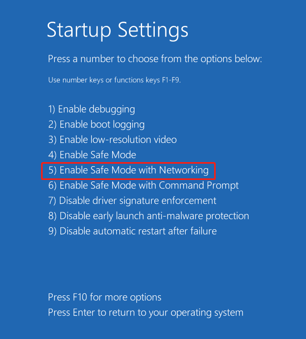 enable Safe Mode with networking from Startup Settings
