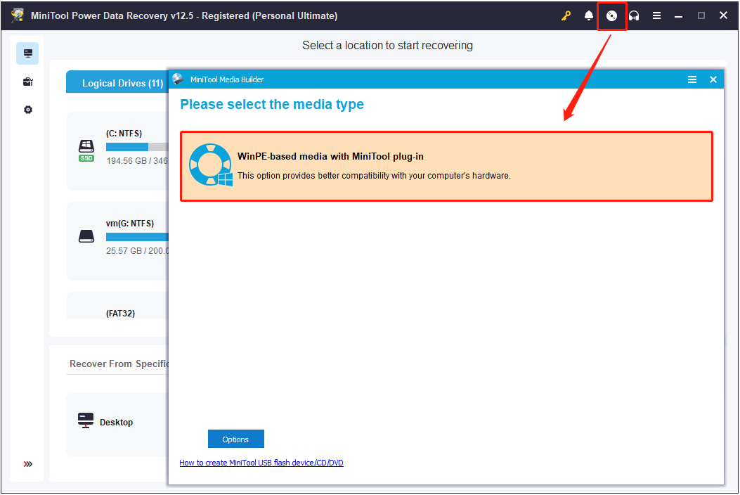 use the bootable media builder to create a bootable recovery drive in MiniTool Power Data Recovery