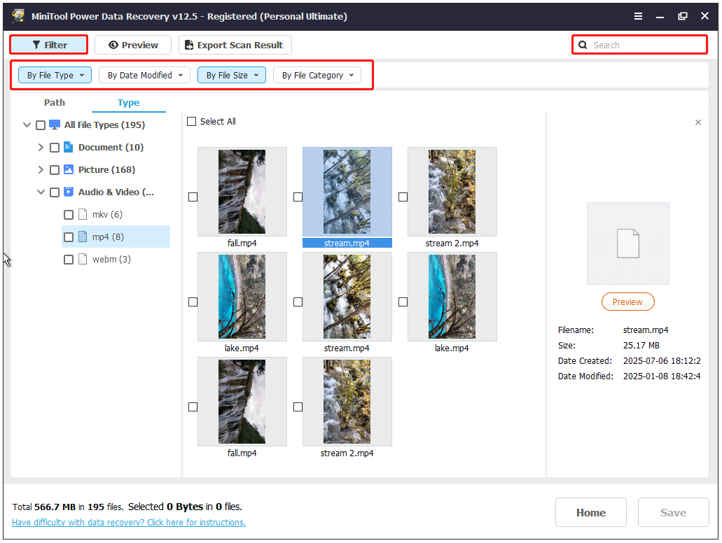 use the Filter and Search features in MiniTool Power Data Recovery