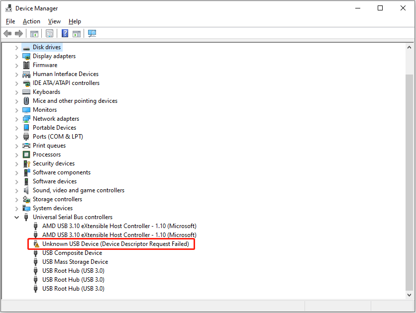 the device descriptor request failed error message