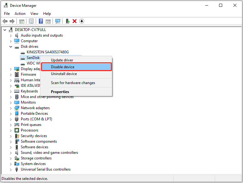 choose the option to disable the device in Device Manager