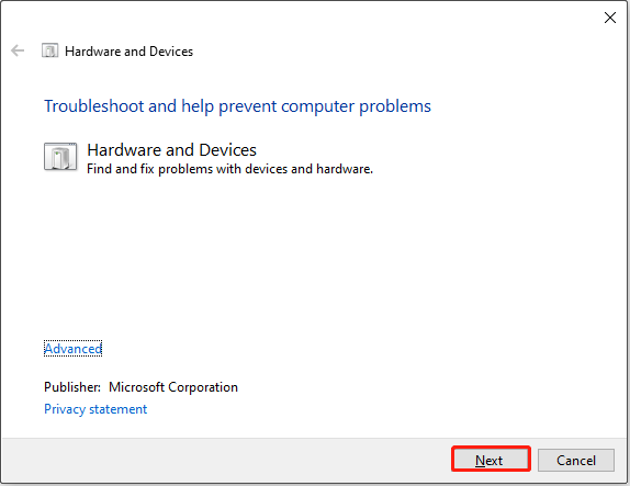 run the Hardware and Devices troubleshooter