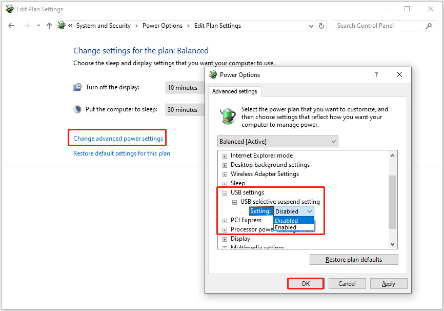 disable USB selective suspend setting in the Power Options window