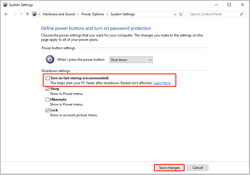 disable fast startup from the Control Panel