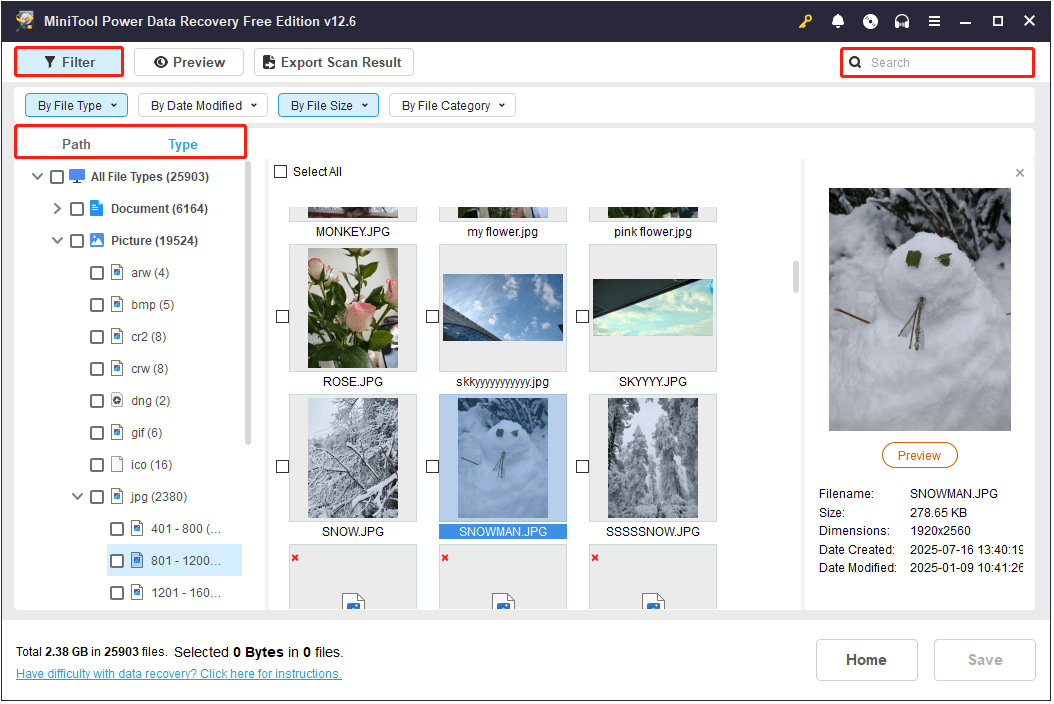Path, Type, Filter, and Search features in MiniTool Power Data Recovery
