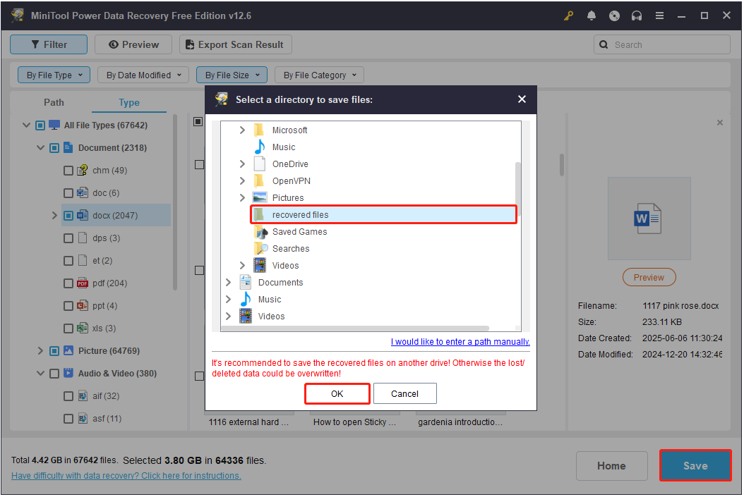 save recovered files in MiniTool Power Data Recovery