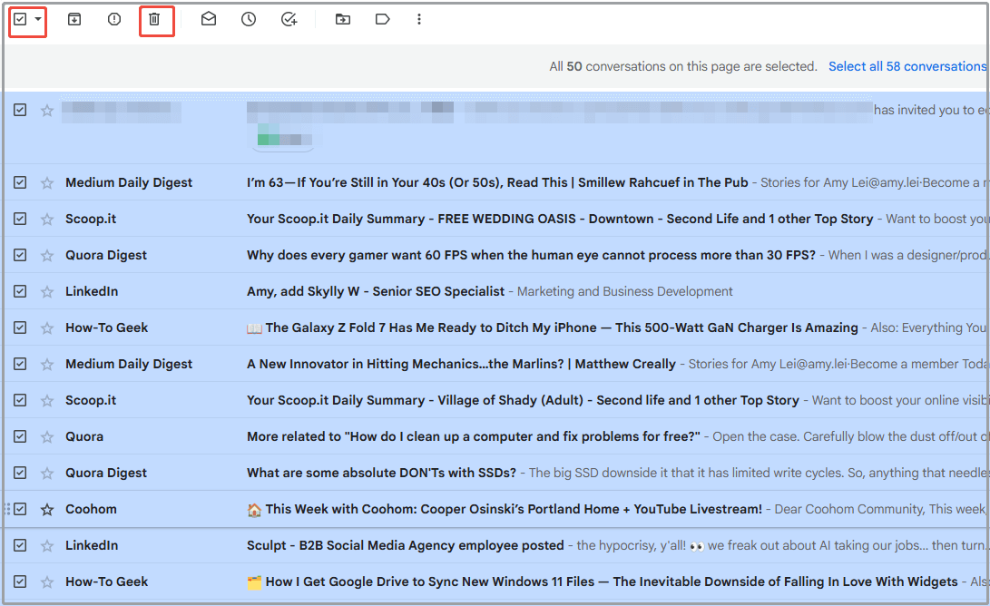 delete emails in the Gmail