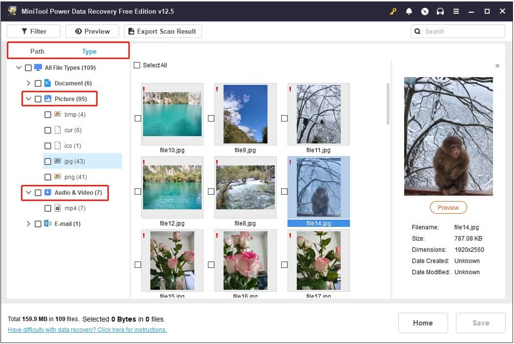 find files under Path and Type in MiniTool Power Data Recovery