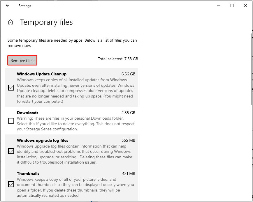 hit Remove files to clear temporary files