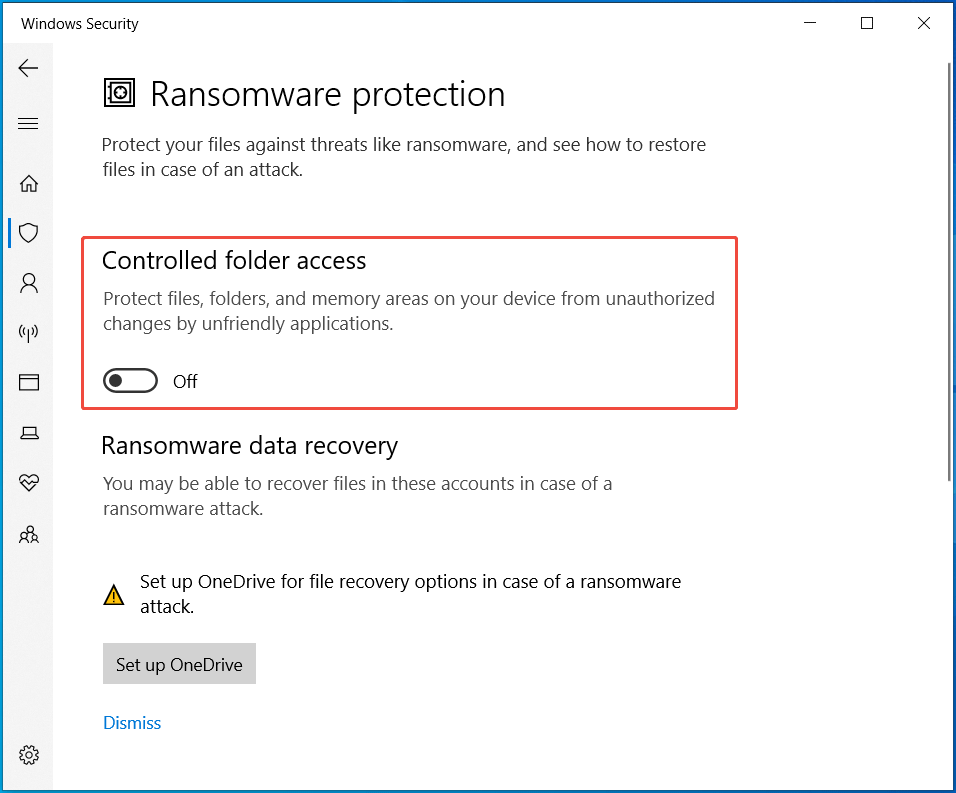 disable controlled folder access in Windows Security