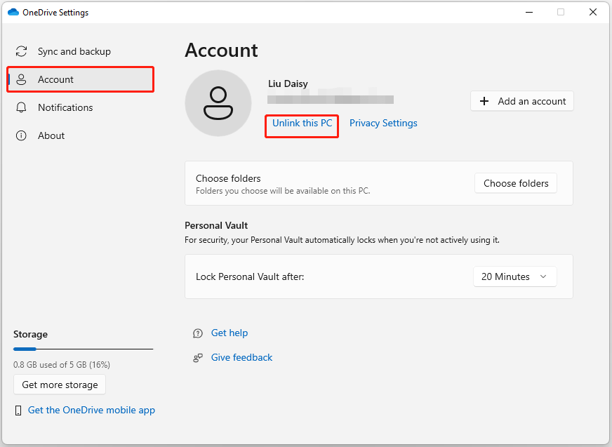 clique em Desvincular este PC