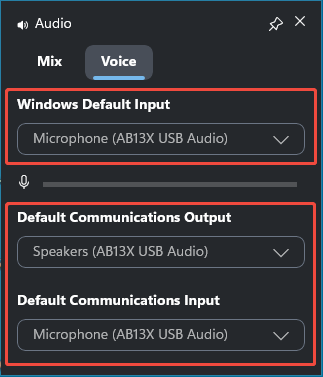 set your audio device in Windows Default Input, Default Communications Output, and Default Communications Input sections