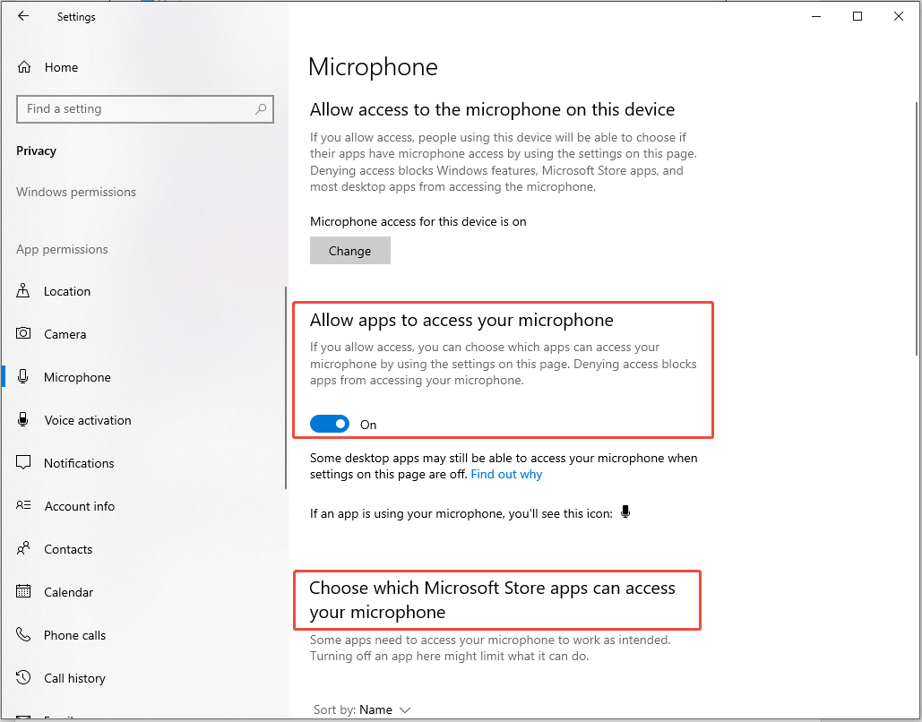 ensure the Allow apps to access your microphone option is enabled