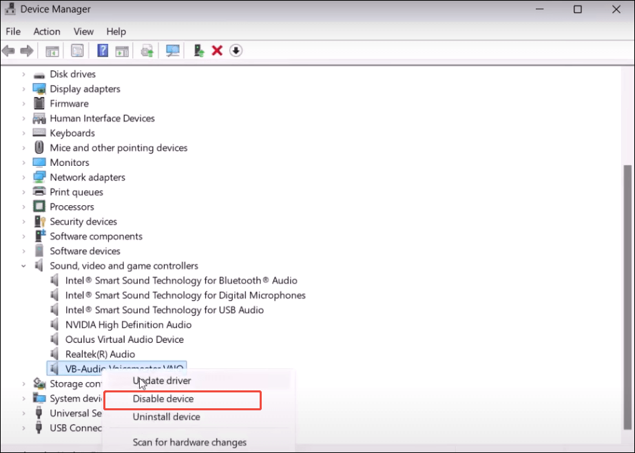 click Disable device