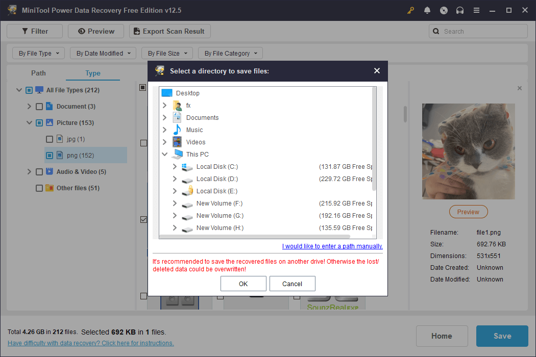 choose a file location to store recovered files via MiniTool Power Data Recovery