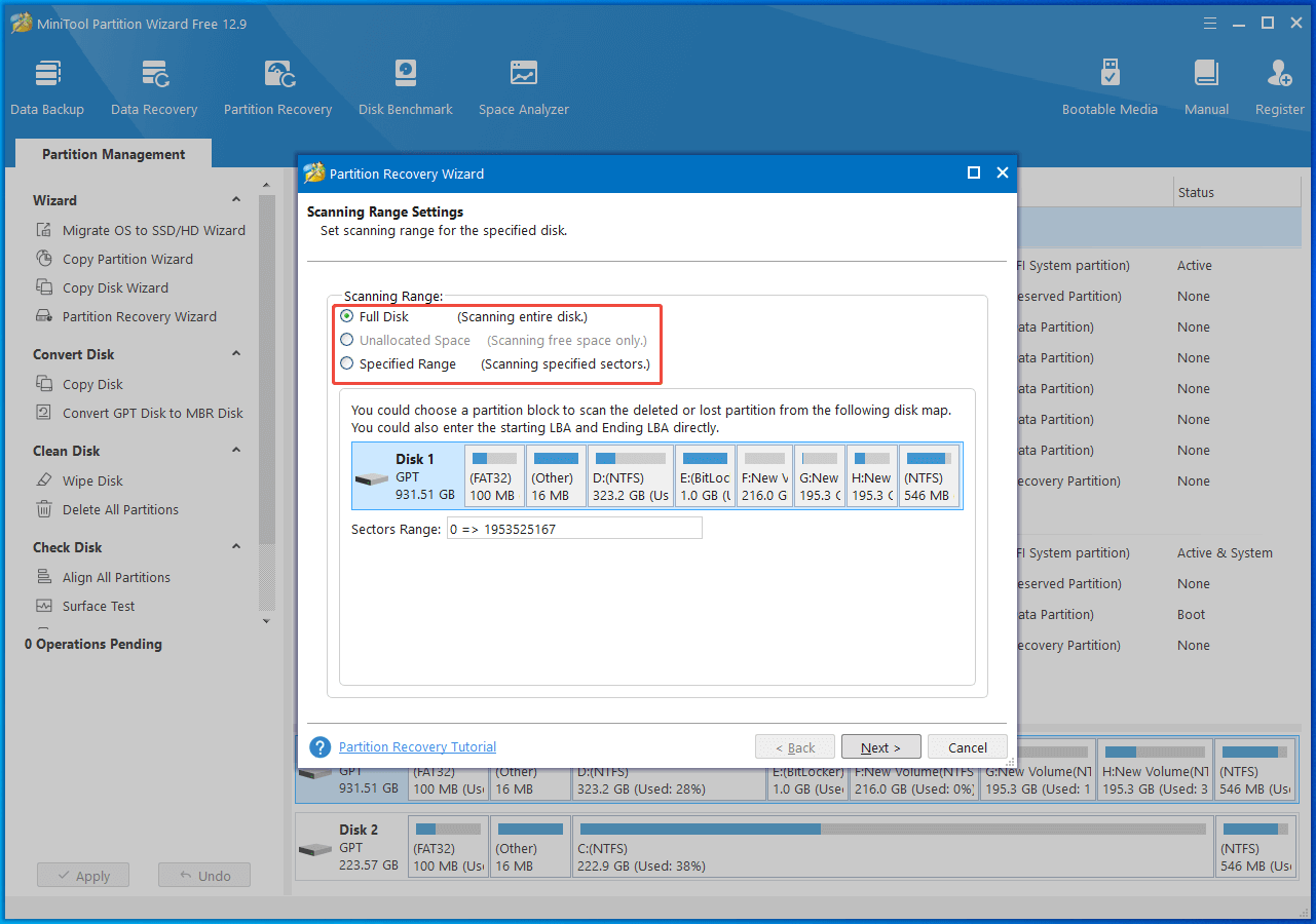 choose a scanning range and click Next