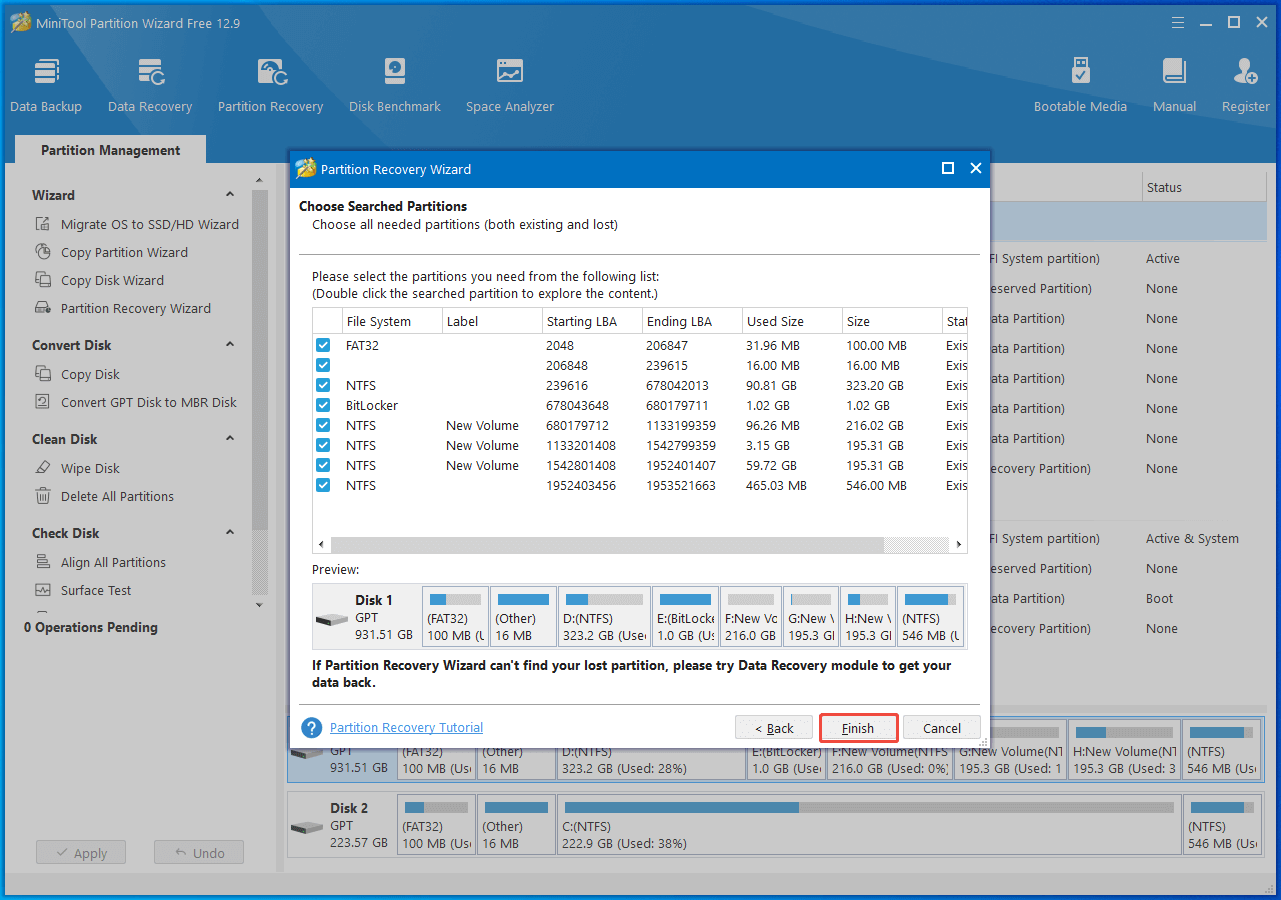click the Finish button to recover partitions