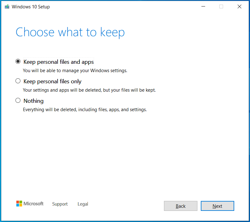 choose what to keep in Windows 10 Setup