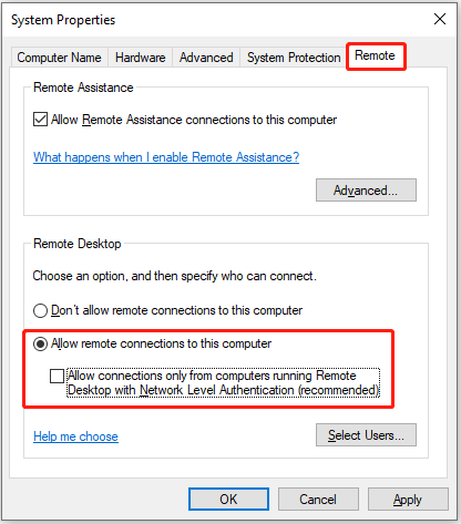 turn off NLA from system properties