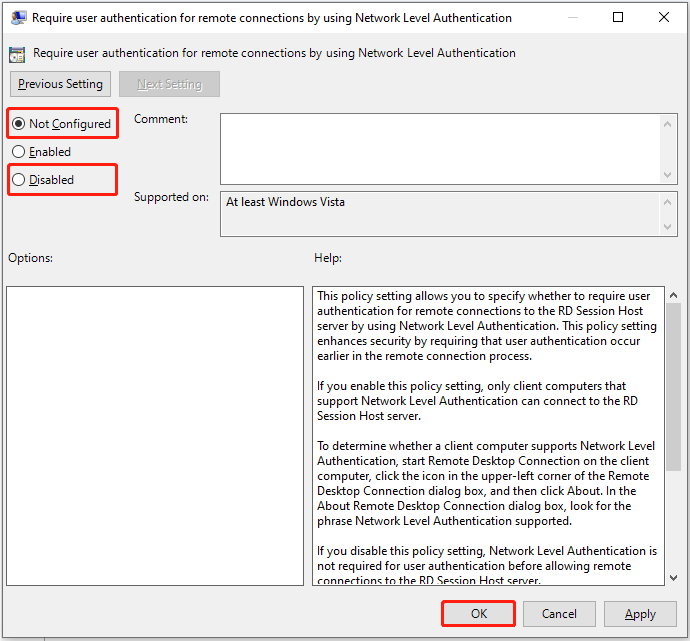choose Not Configured or Disabled