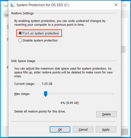 turn on system protection