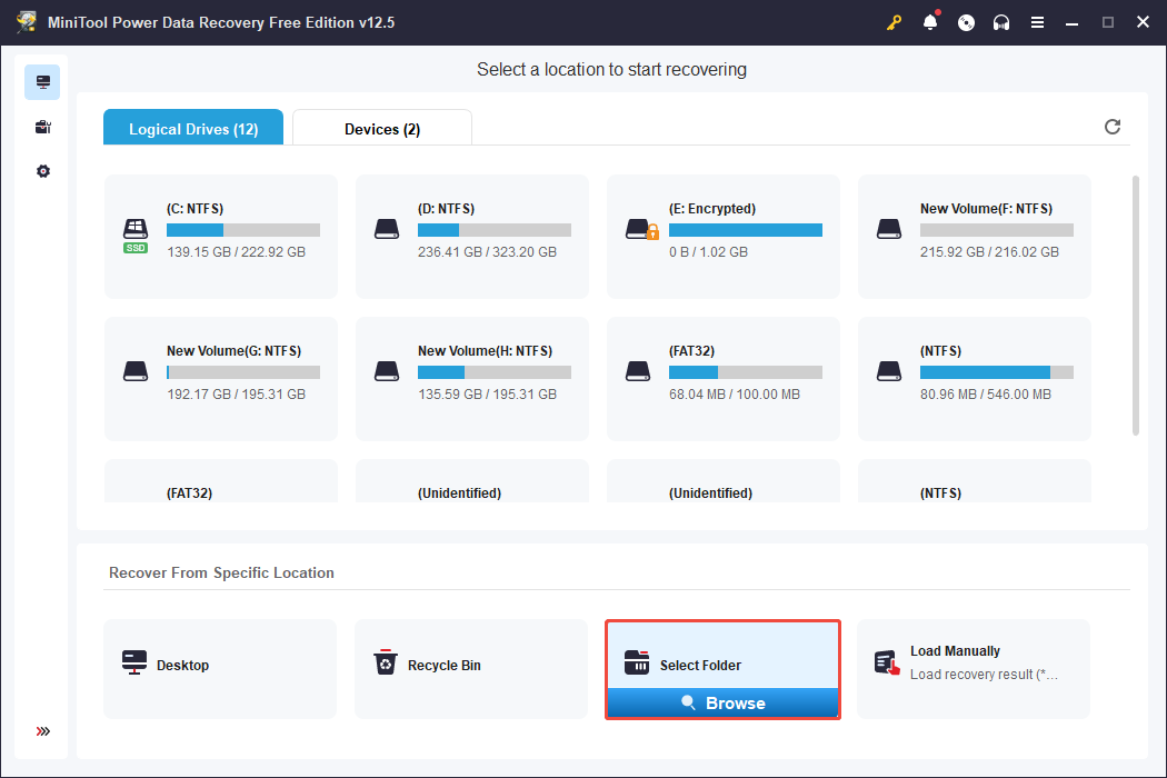 click the Browse button in MiniTool Power Data Recovery