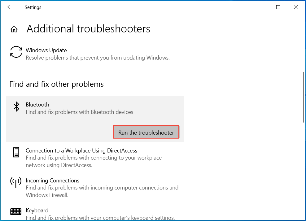 run Bluetooth troubleshooter in Windows 10