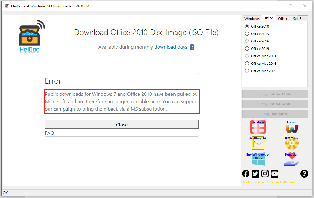 Errore di download di Windows 7 e Office 2010