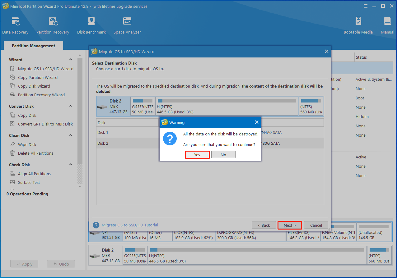 scegli il disco di destinazione