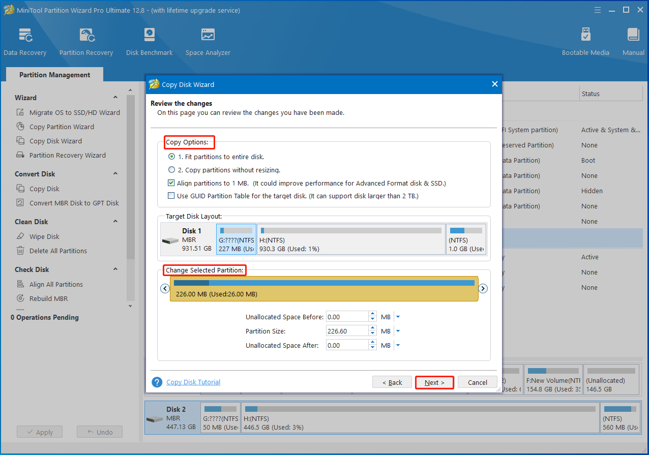 scegli le opzioni di copia