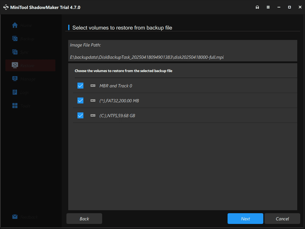 check all system drives to restore