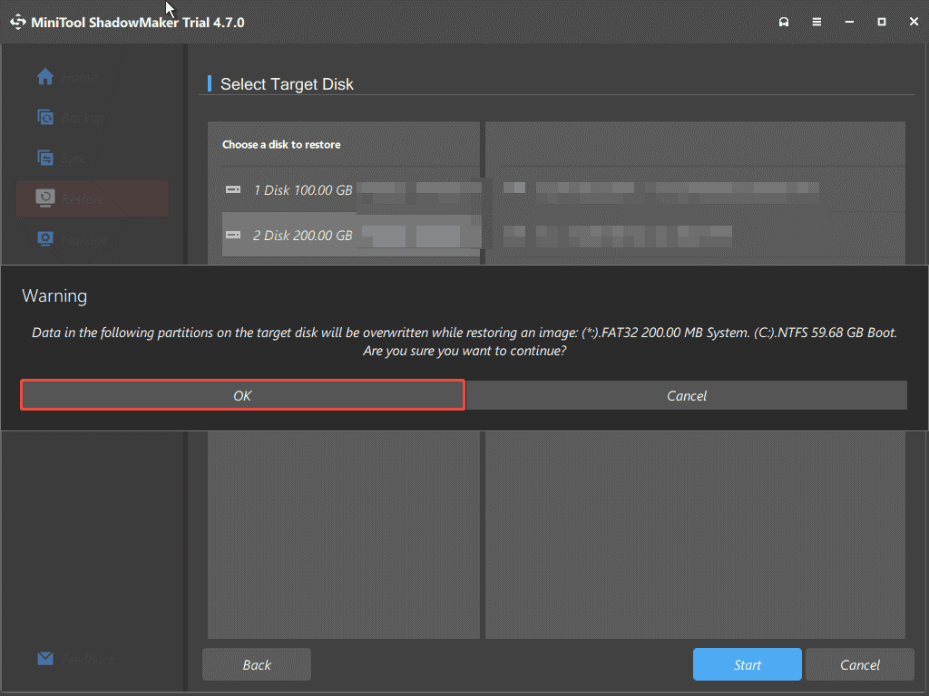 select a disk to which you want to restore the system