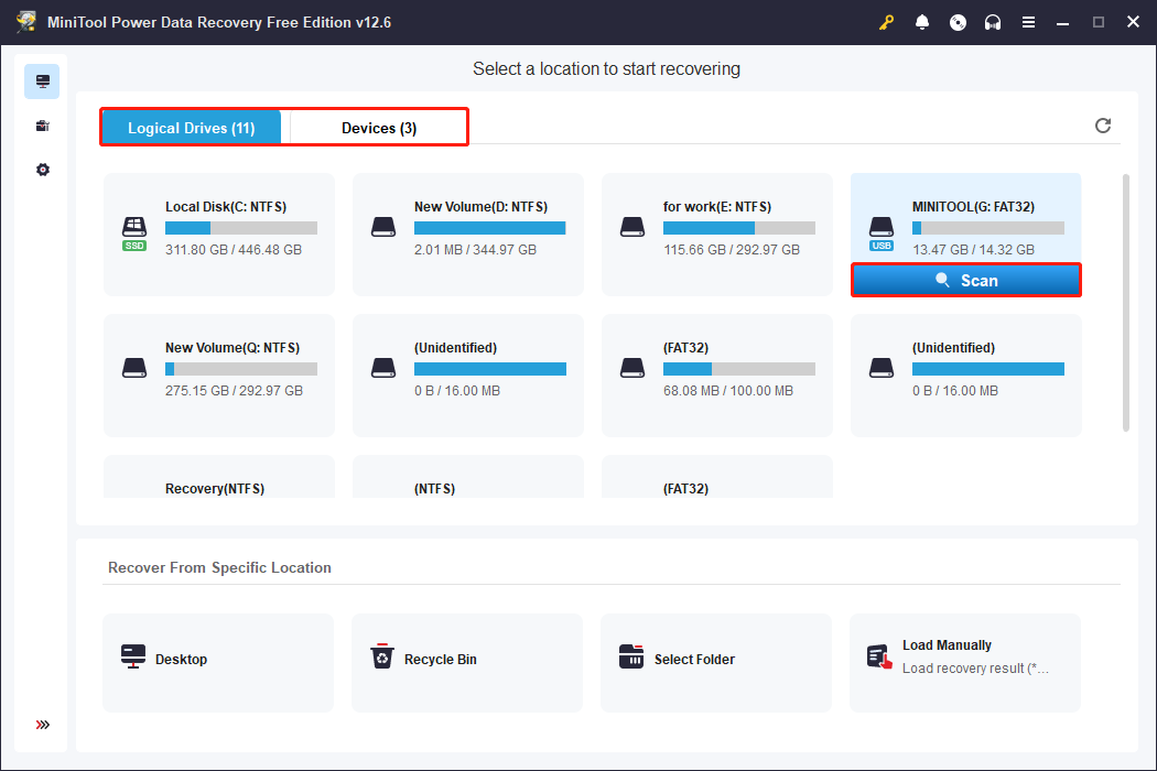 scan the disk using MiniTool Power Data Recovery