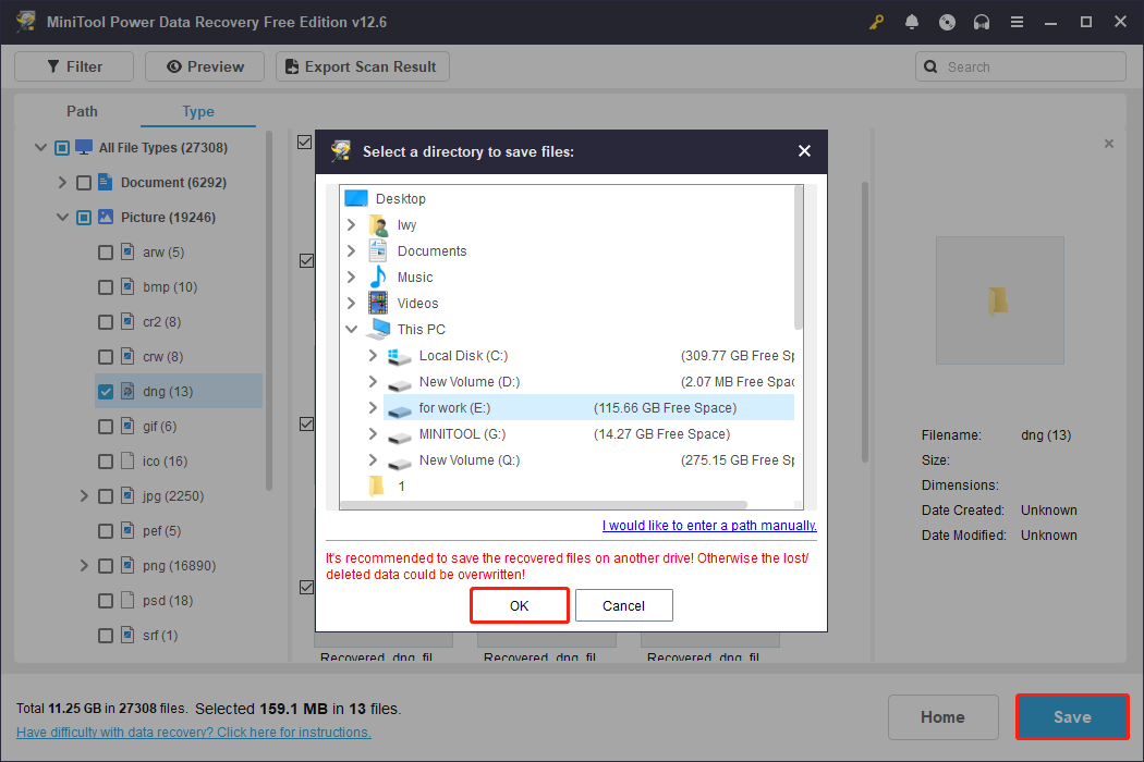 save files to a safe location using MiniTool Power Data Recovery