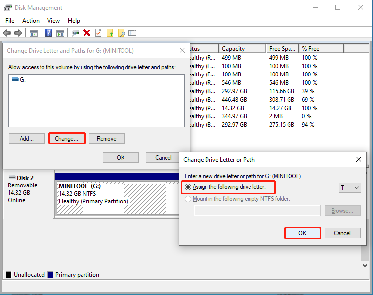change the drive letter in Disk Management