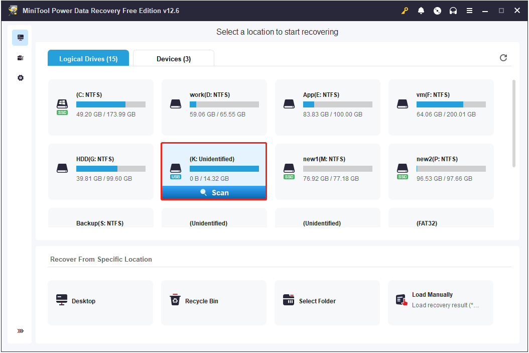 select the unidentified drive to scan in MiniTool Power Data Recovery