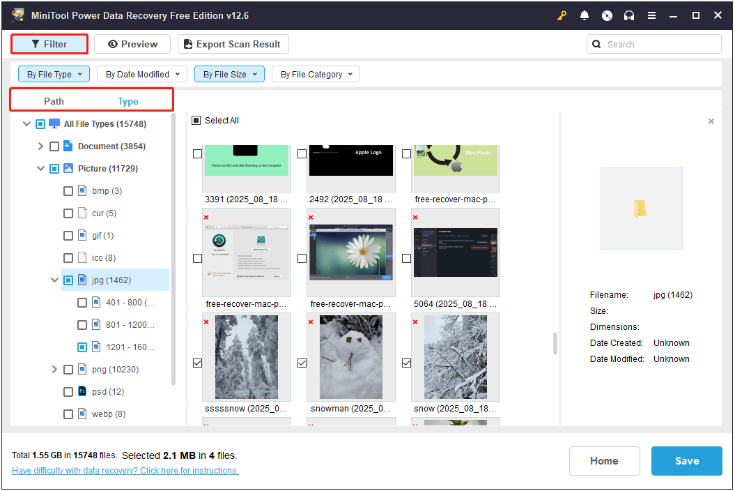 filter files in MiniTool Power Data Recovery