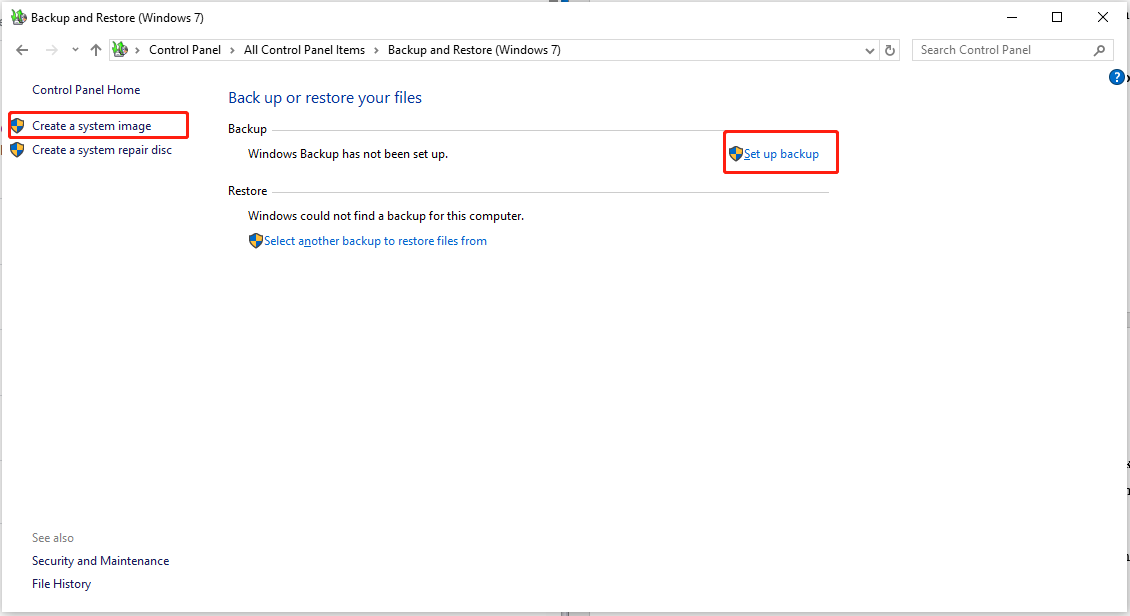 select Create a system image or Set up backup to make data backups